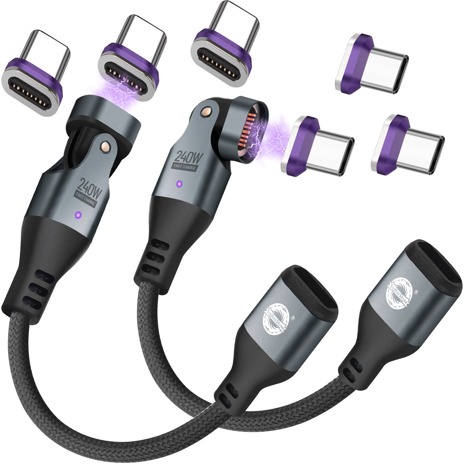 16 Pin USB C Magnetic Adapter 240W - 4 Inch Calbe with 3 x Removable Magnetic Tips - 90/180/360 Degree Rotating 480 Mbps