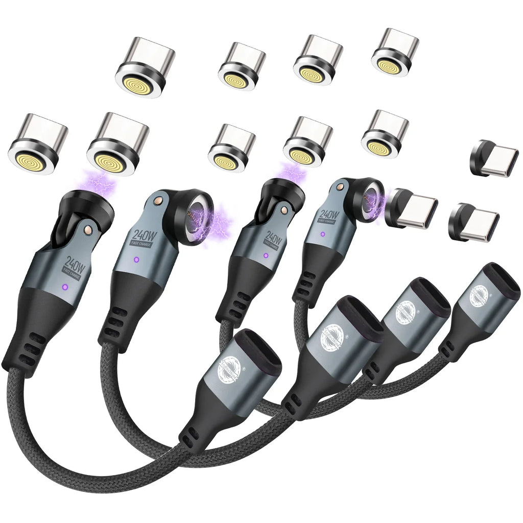 9 Pin USB C Magnetic Adapter 240W - 4 Inch Calbe with 3 x Removable Magnetic Tips - 90/180/360 Degree Rotating 480 Mbps