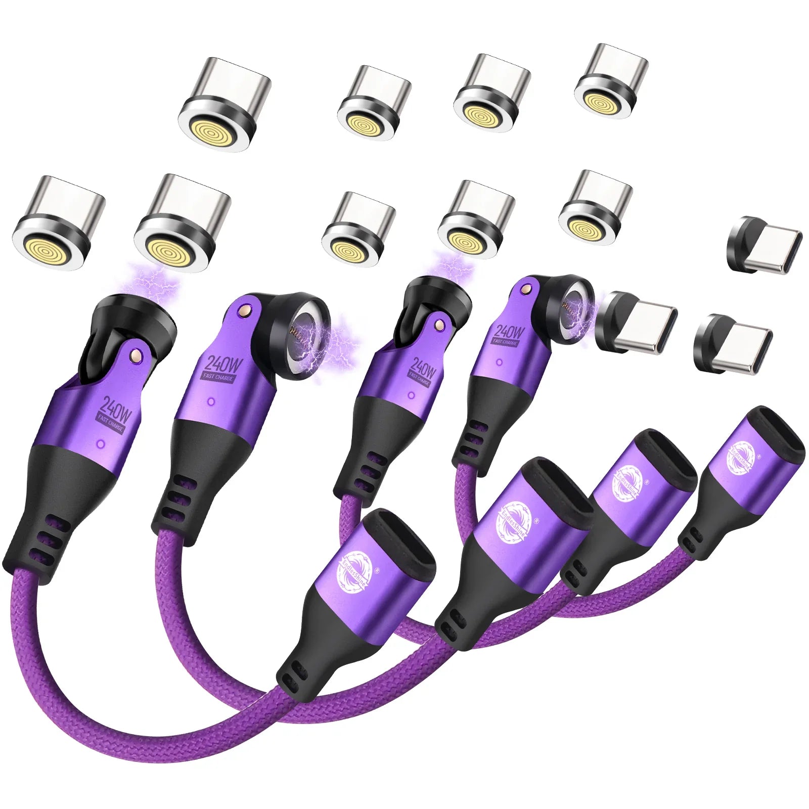 9 Pin USB C Magnetic Adapter 240W - 4 Inch Calbe with 3 x Removable Magnetic Tips - 90/180/360 Degree Rotating 480 Mbps