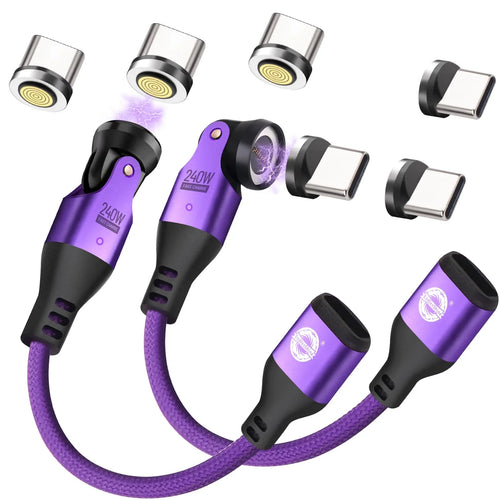 9 Pin USB C Magnetic Adapter 240W - 4 Inch Calbe with 3 x Removable Magnetic Tips - 90/180/360 Degree Rotating 480 Mbps