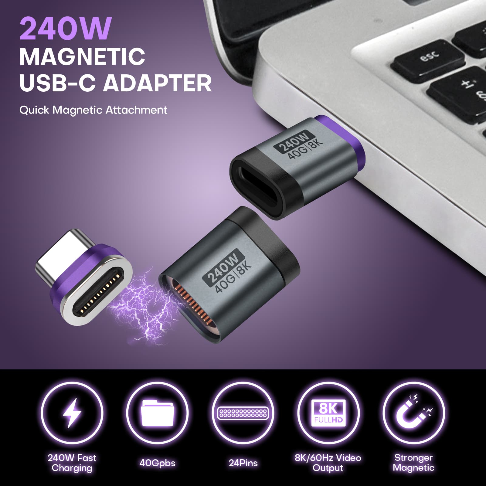 24 Pin USB C Magnetic Adapter - USB 4.0 PD 240W 40Gbps 8K 60Hz Video - Straight 2 Pack