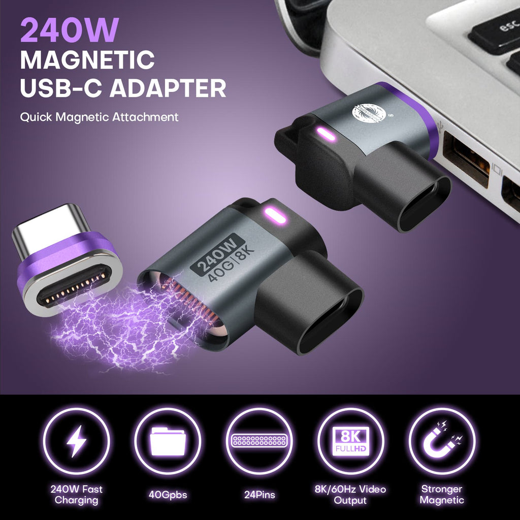 24 Pin USB C Magnetic Adapter - USB 4.0 PD 240W 40Gbps 8K 60Hz Video - 90 Degree 2 Pack