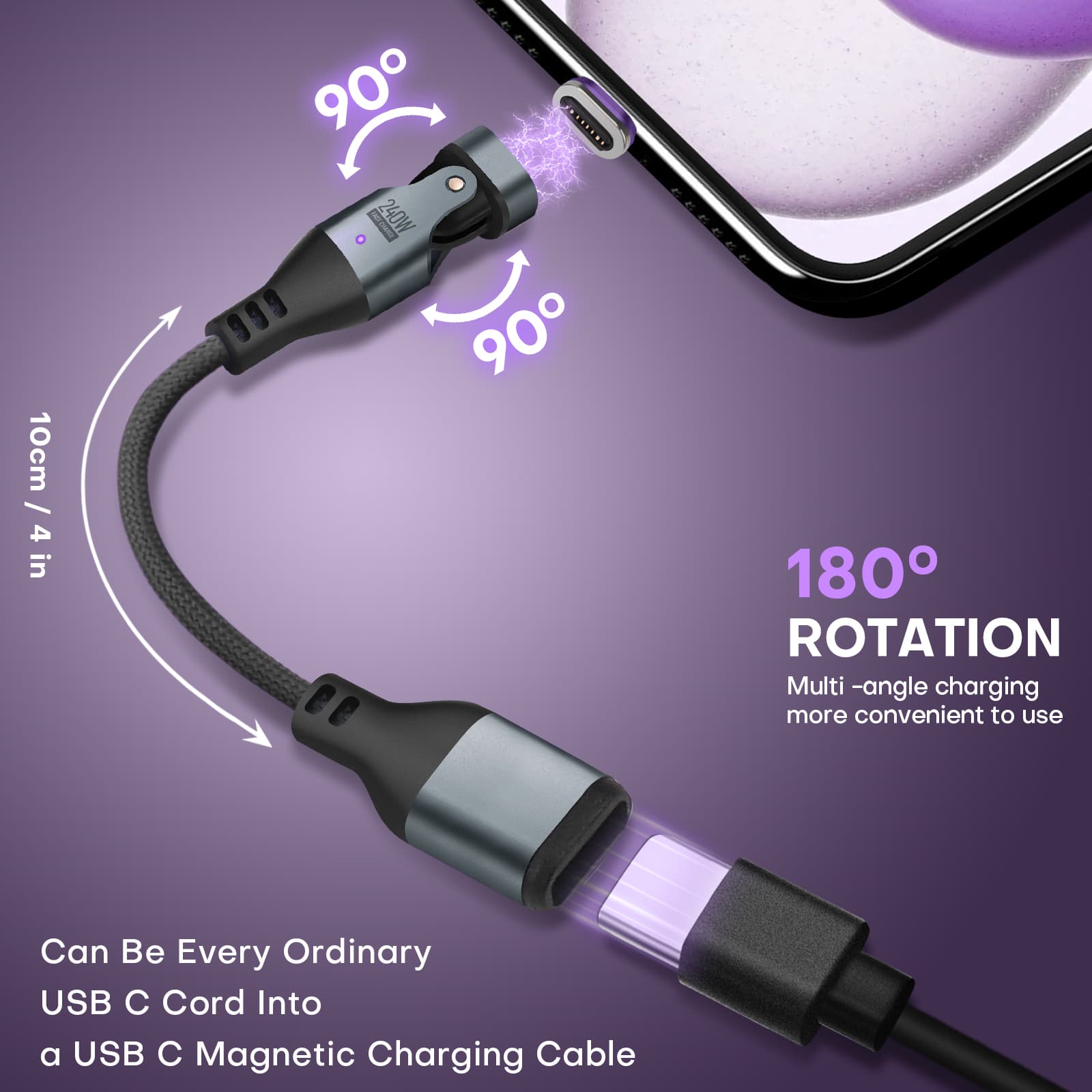 16 Pin USB C Magnetic Adapter 240W - 4 Inch Calbe with 3 x Removable Magnetic Tips - 90/180/360 Degree Rotating 480 Mbps