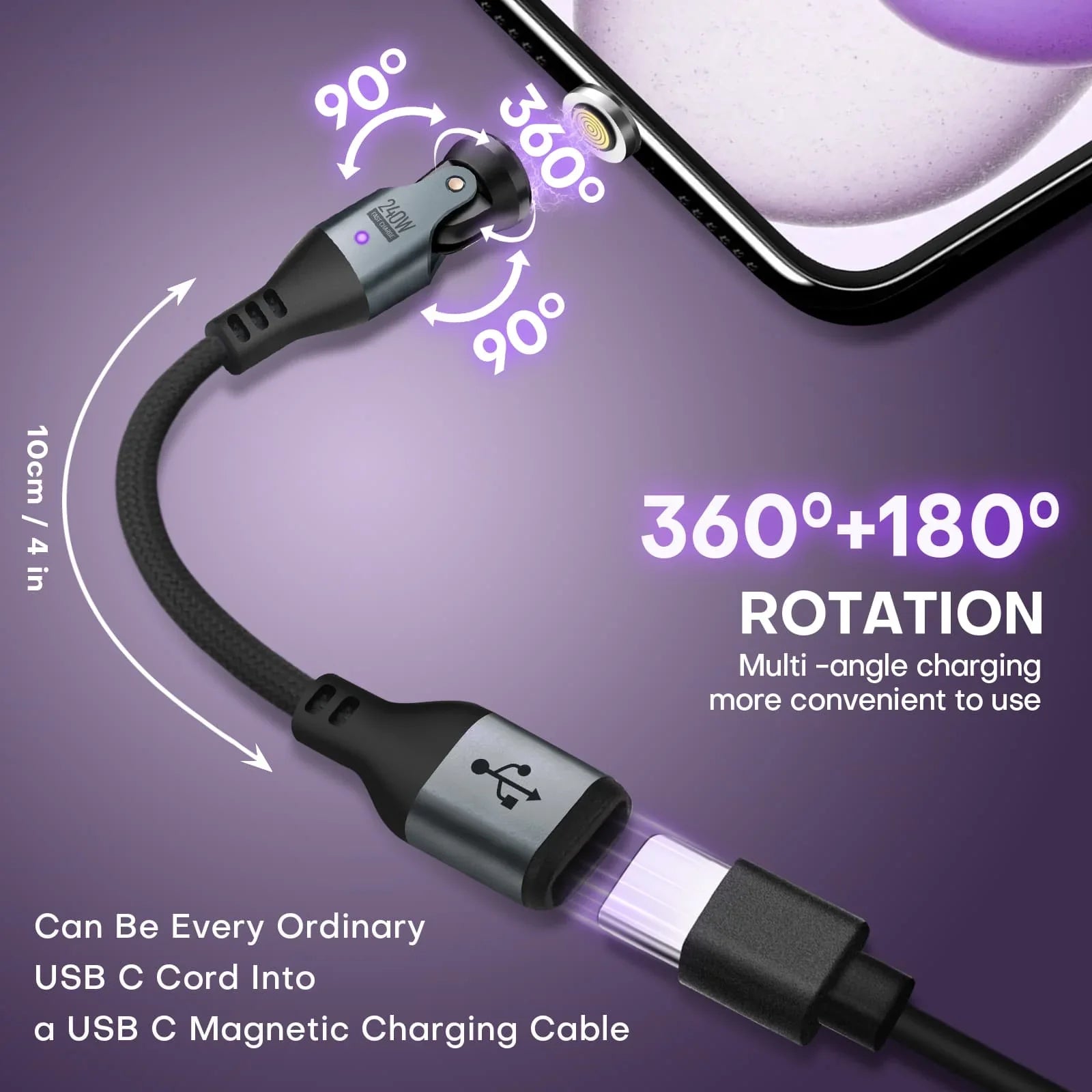9 Pin USB C Magnetic Adapter 240W - 4 Inch Calbe with 3 x Removable Magnetic Tips - 90/180/360 Degree Rotating 480 Mbps