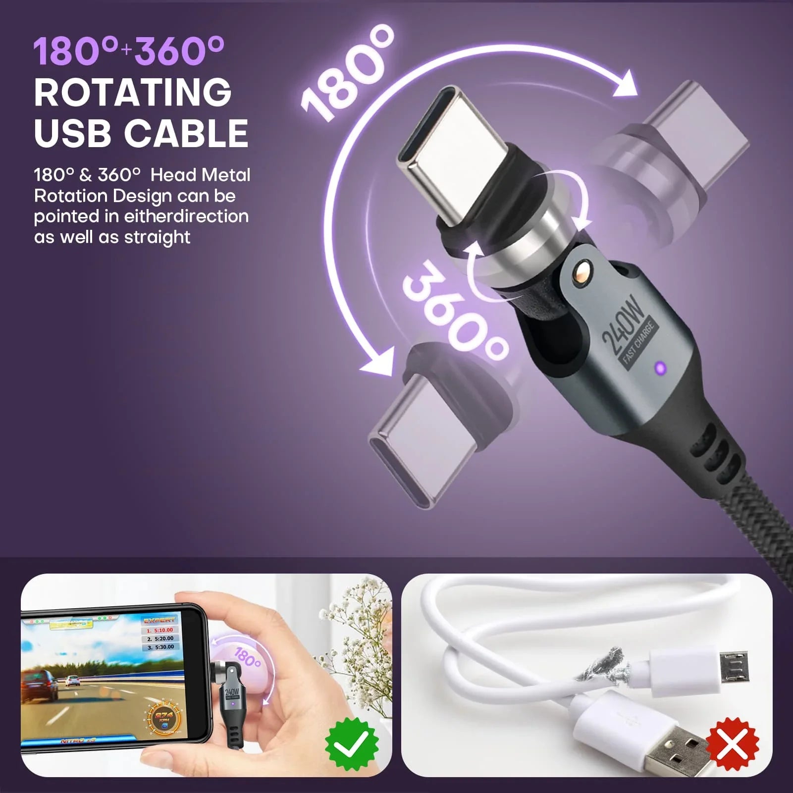 540 Degree Rotation USB C to USC C Cable 240W - USB 2.0 480Mbps Type C Cord