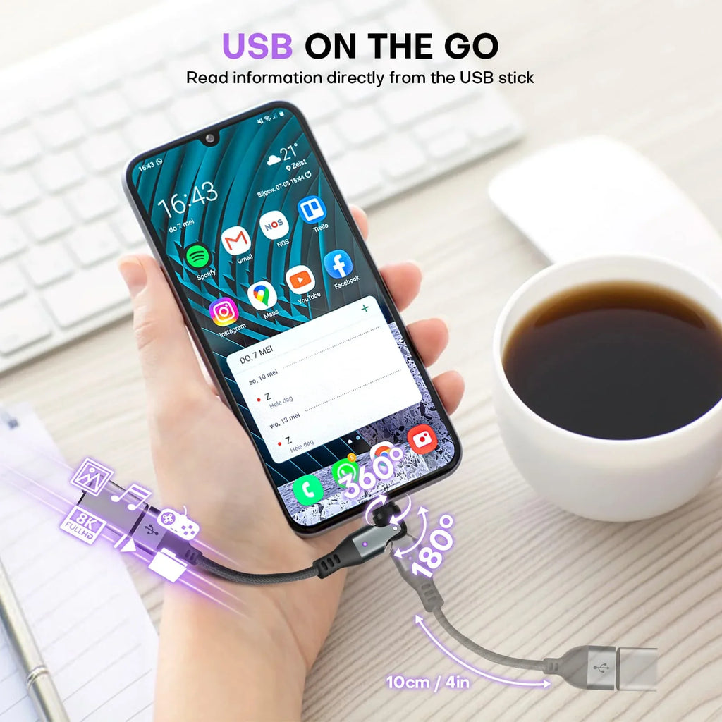 9 Pin USB C to USB A Magnetic Adapter USB 2.0 - 4 Inch Calbe 90/180/360 Degree Rotating - 480 Mbps Data transfer