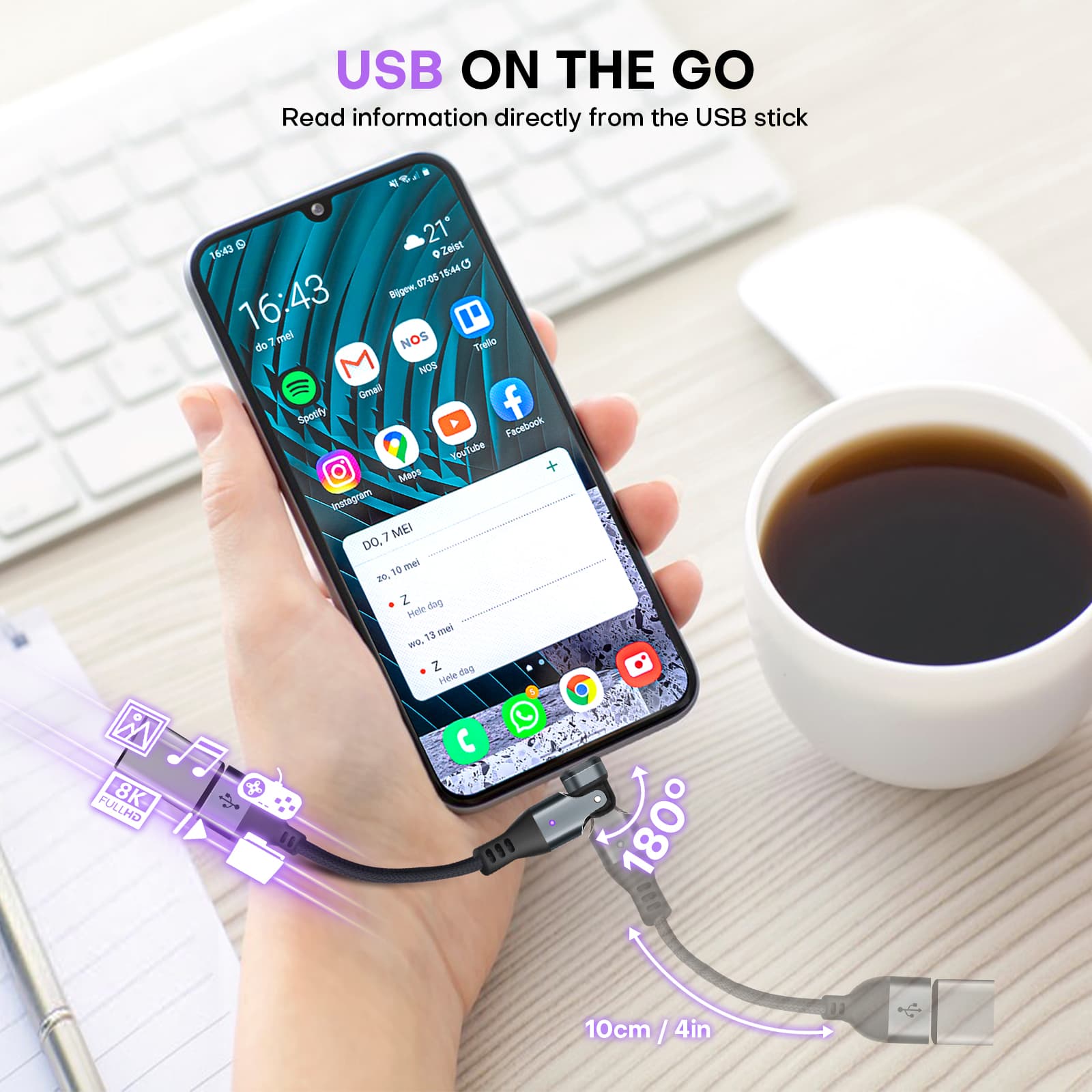 16 Pin USB C to USB A Magnetic Adapter USB 2.0 - 4 Inch Calbe 180 Degree Rotating - 480 Mbps Data transfer