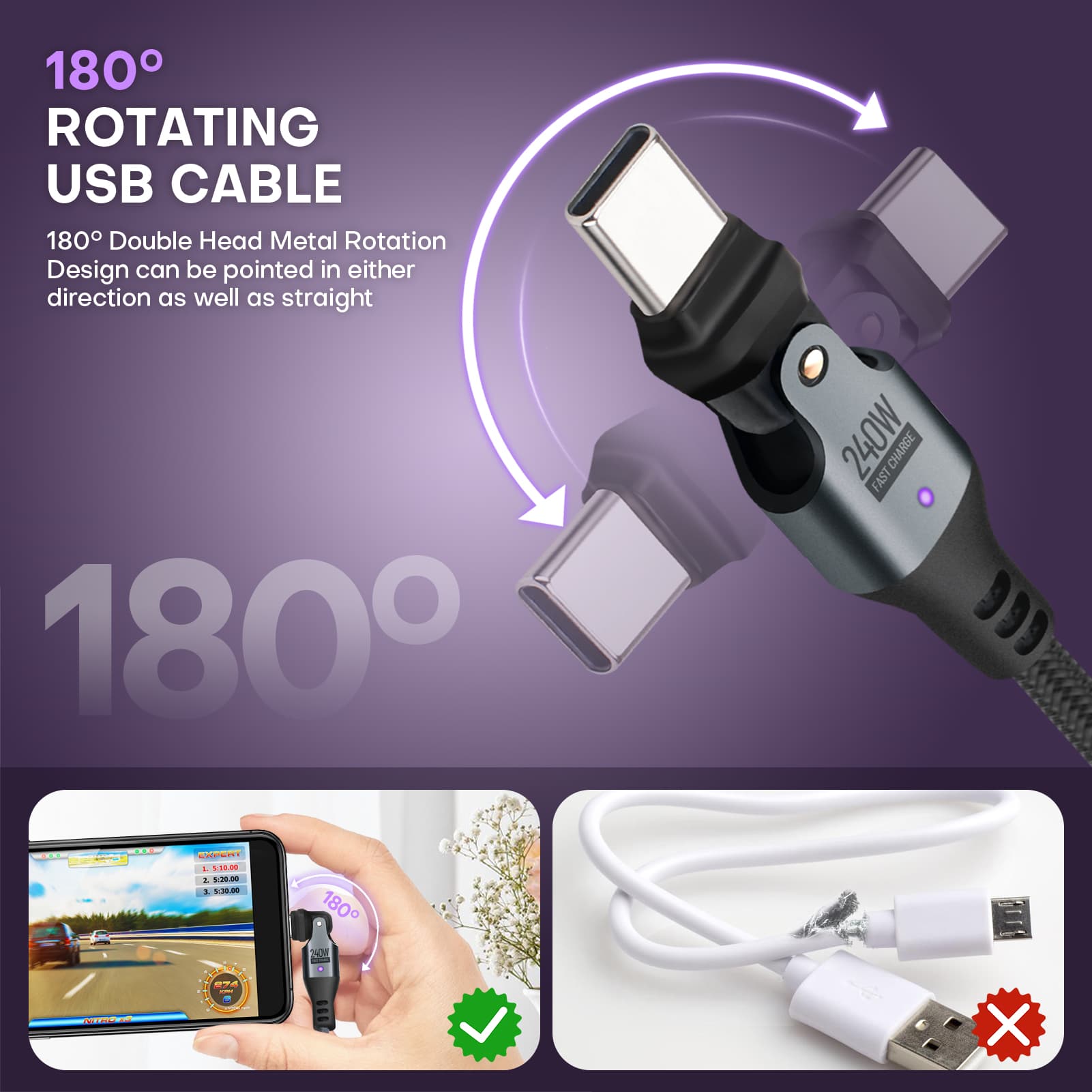 180 Degree Rotation USB C to USB C Cable 240W - USB 2.0 480Mbps Type C Cord