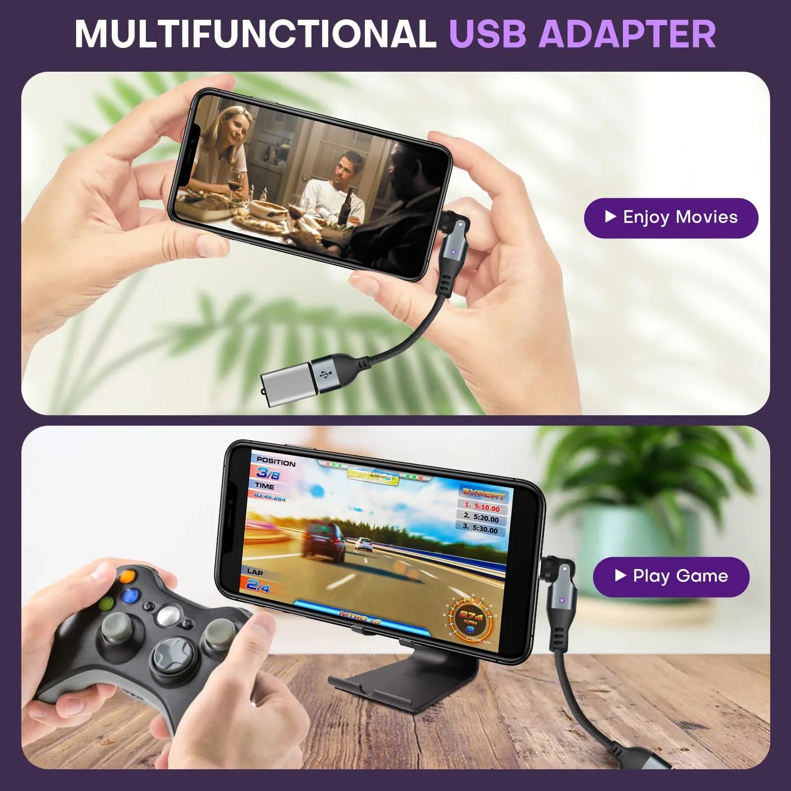 9 Pin USB C to USB A Magnetic Adapter USB 2.0 - 4 Inch Calbe 90/180/360 Degree Rotating - 480 Mbps Data transfer