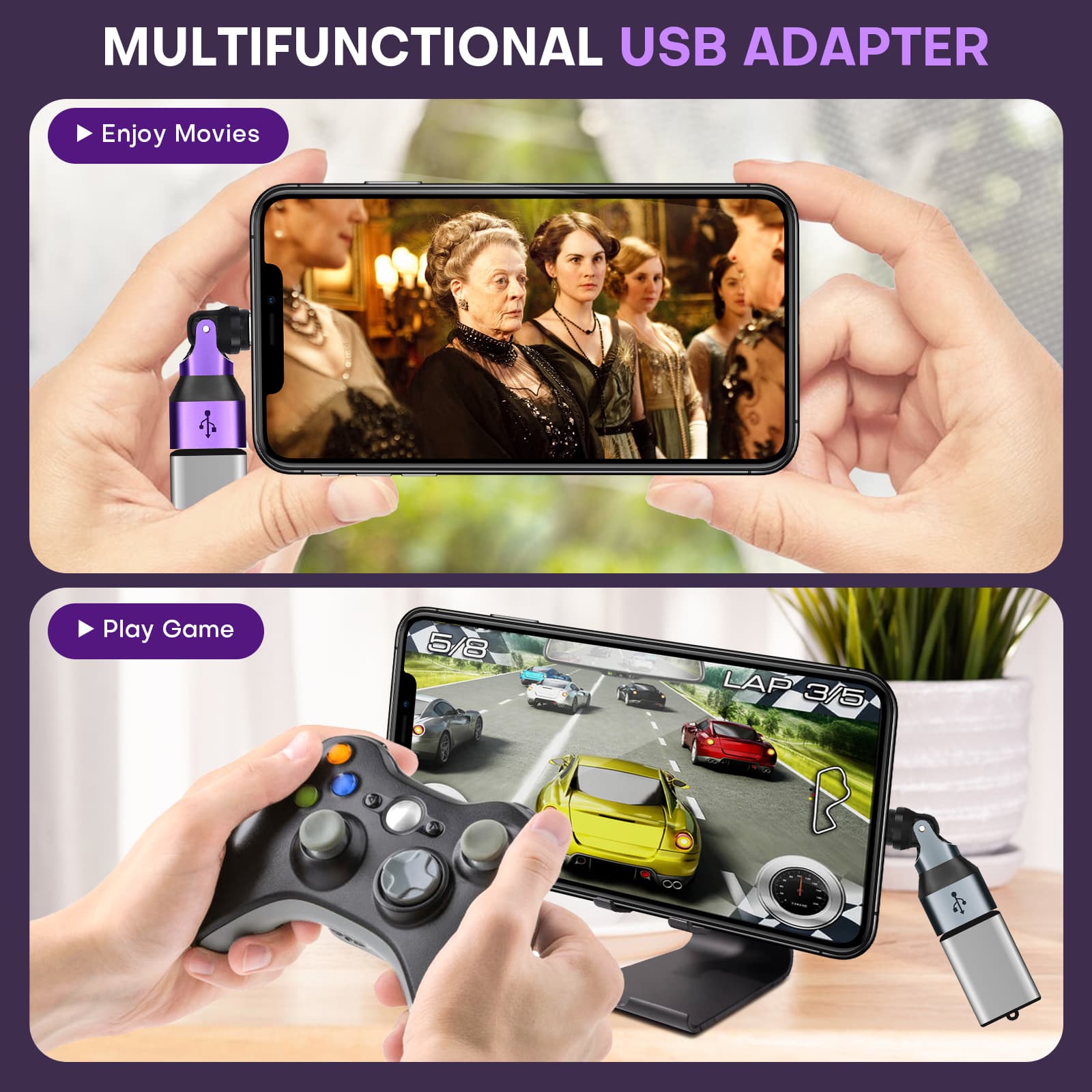 9 Pin USB C Male to USB A Female Magnetic Adapter - 90/180/360 Degree Rotating - OTG 480 Mbps Data transfer