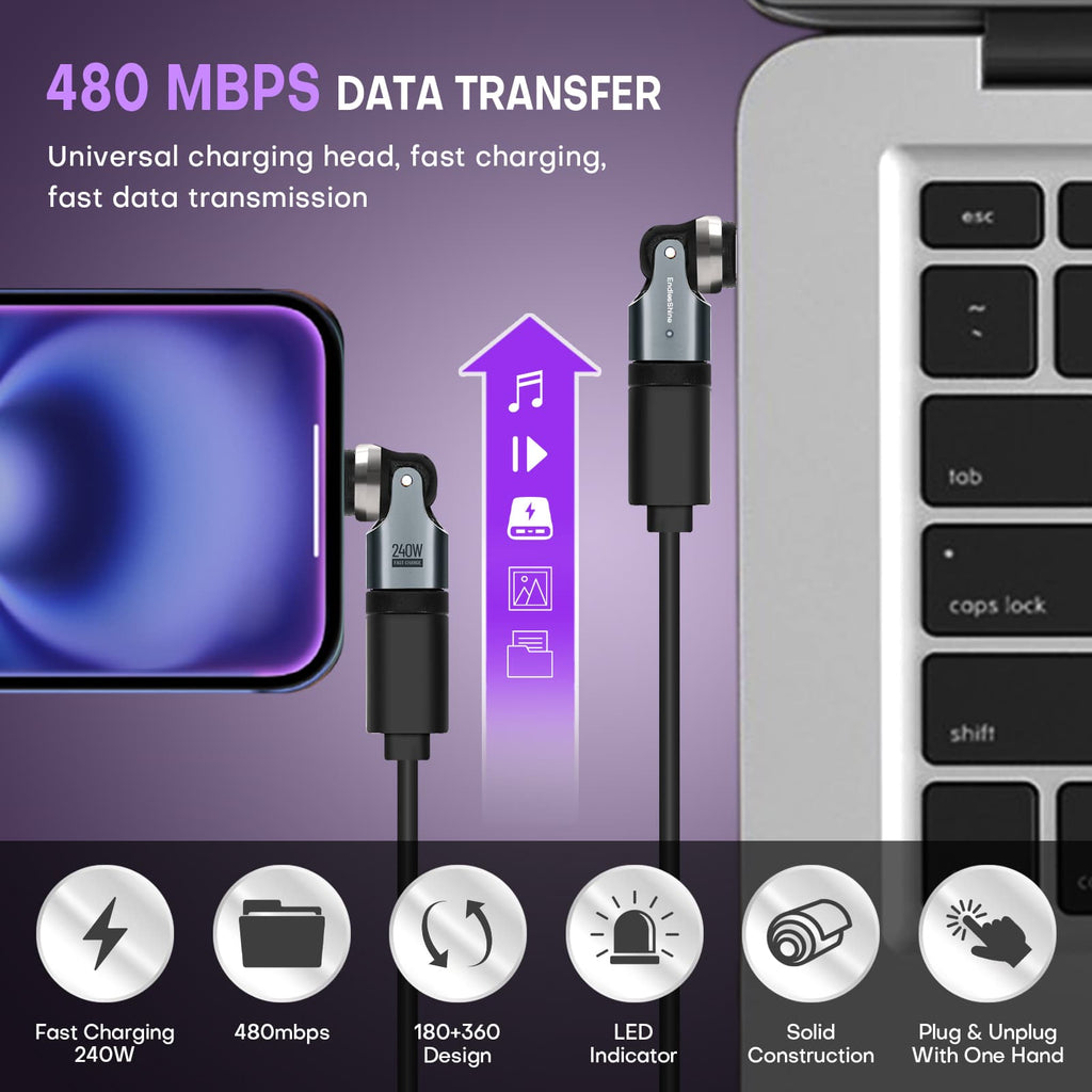 540 Degree Rotation USB C to USB C Adapter - PD 240W USB 2.0 480Mbps Phone OTG Adapter