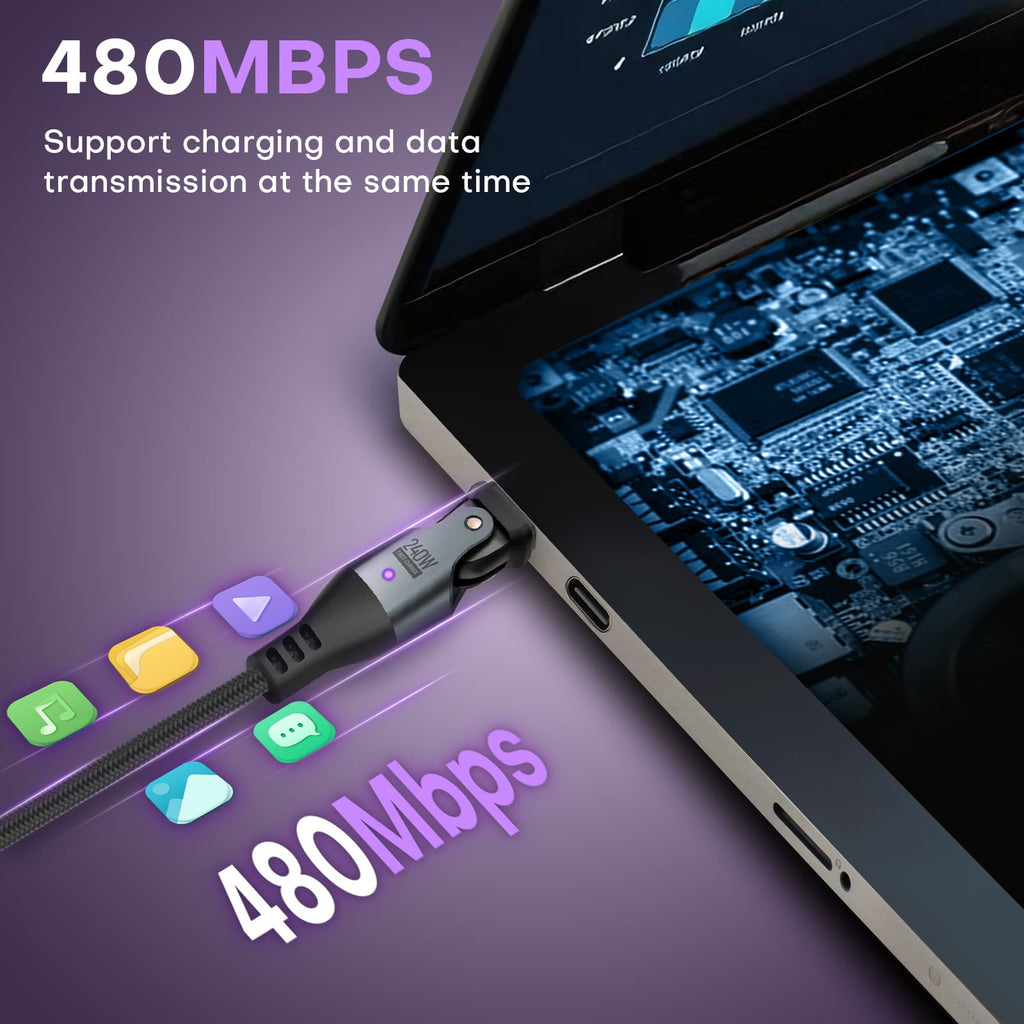 180 Degree Rotation USB C to USB C Cable 240W - USB 2.0 480Mbps Type C Cord