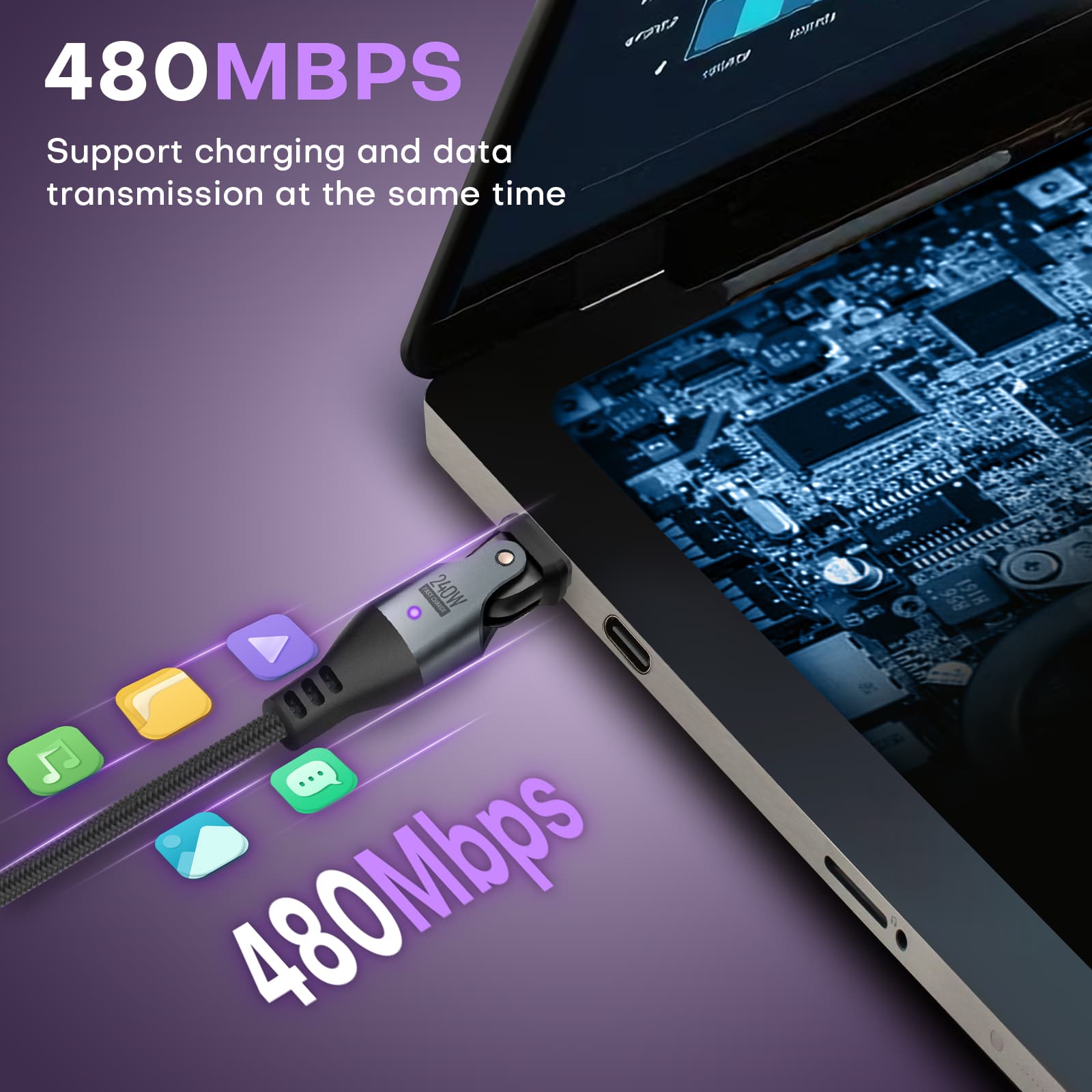 180 Degree Rotation USB C to USB C Cable 240W - USB 2.0 480Mbps Type C Cord