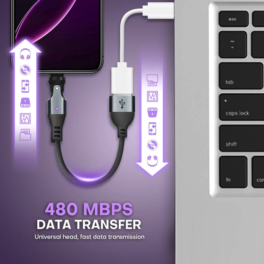 9 Pin USB C to USB A Magnetic Adapter USB 2.0 - 4 Inch Calbe 90/180/360 Degree Rotating - 480 Mbps Data transfer