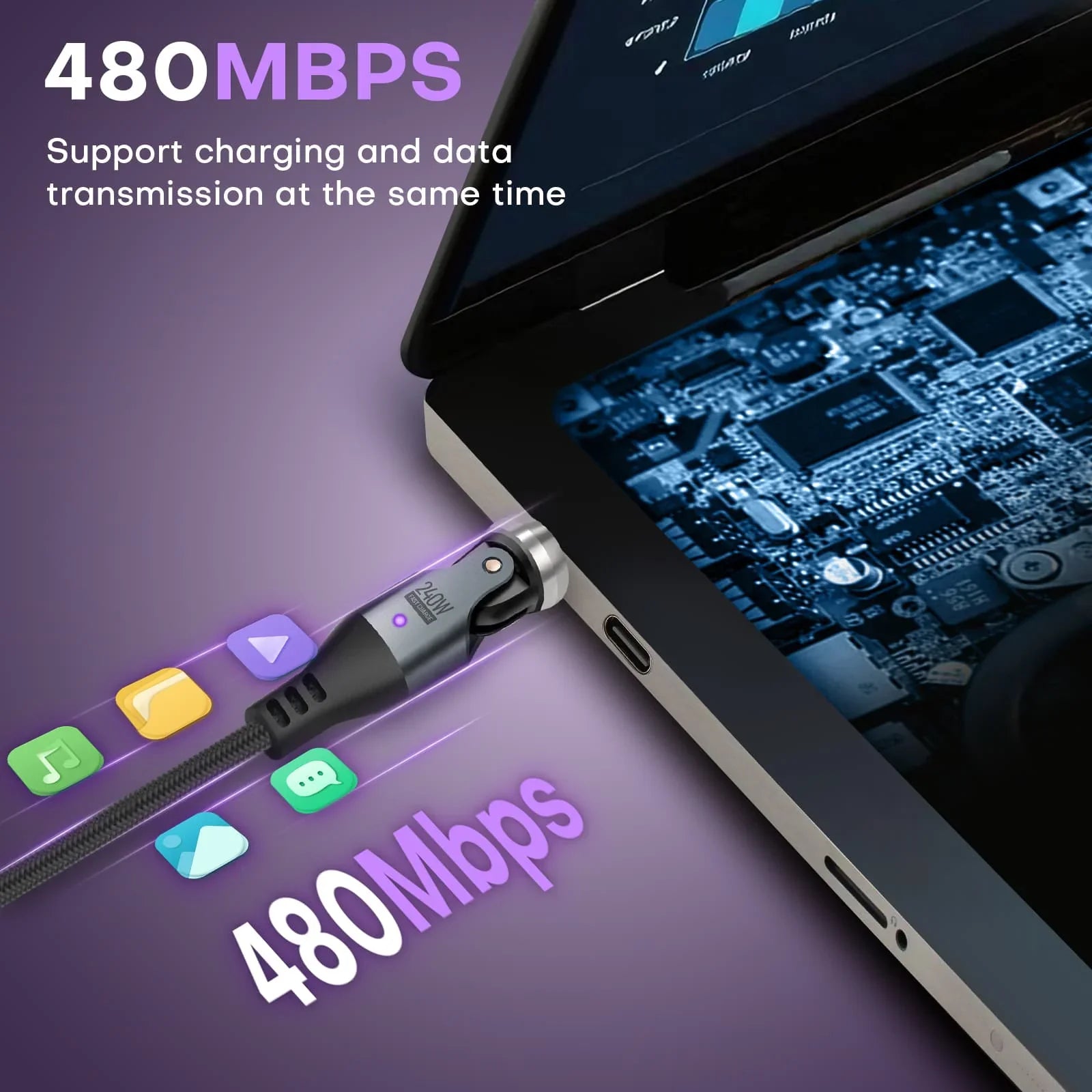 540 Degree Rotation USB C to USC C Cable 240W - USB 2.0 480Mbps Type C Cord