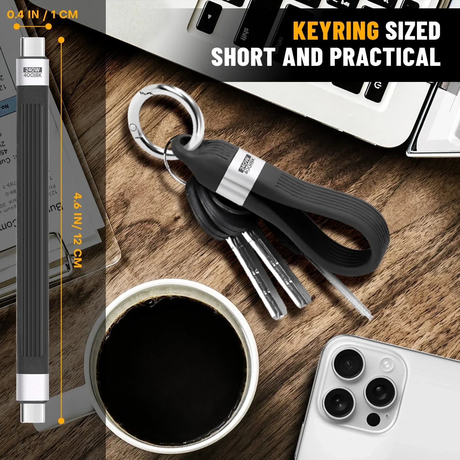 Keychain USB C Cable - 5.11 Inch Short Type C Cord - USB 4.0 PD 240W 40Gbps 8K 60Hz Video - A
