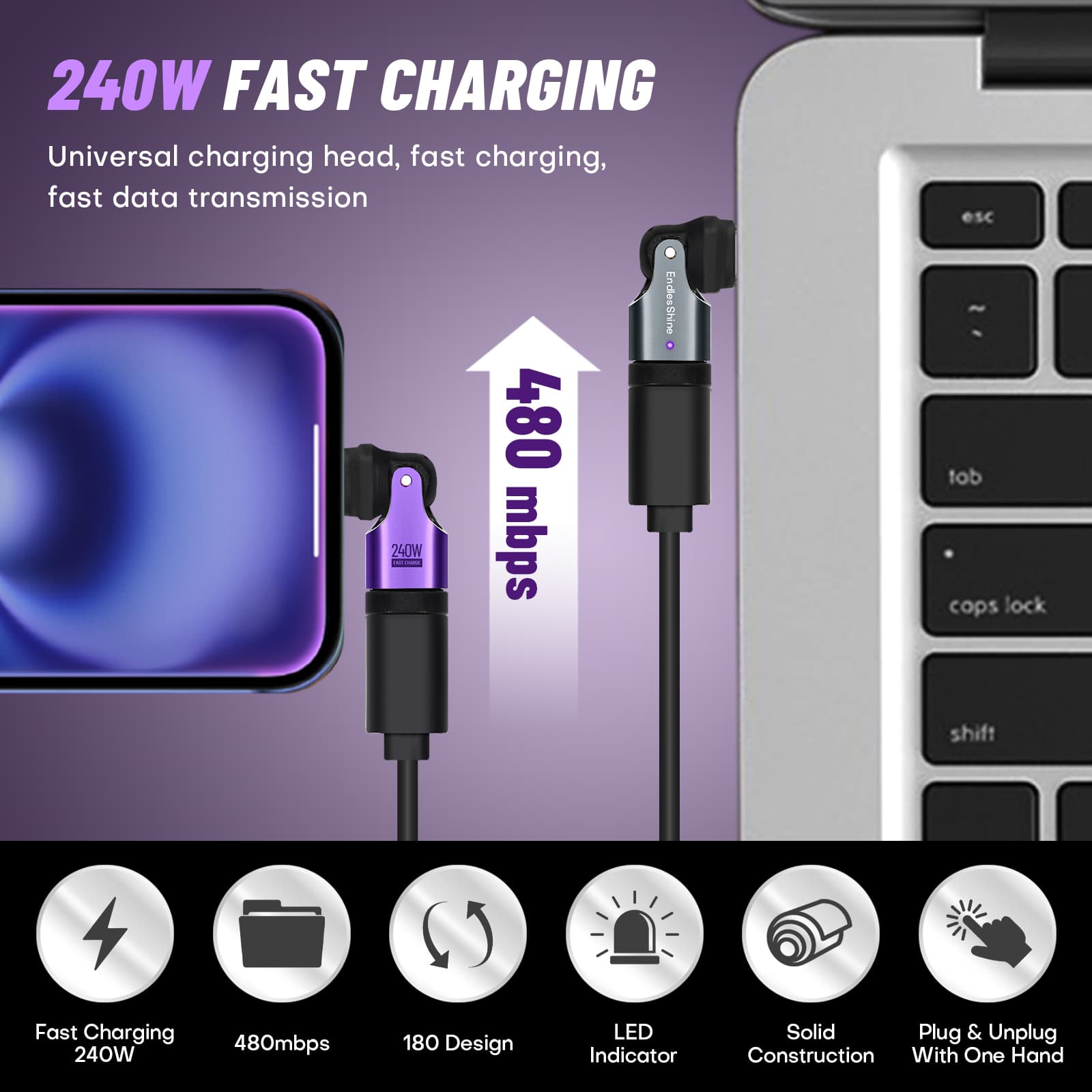 180 Degree Rotation USB C to USB C Adapter - PD 240W USB 2.0 480Mbps Phone OTG Adapter