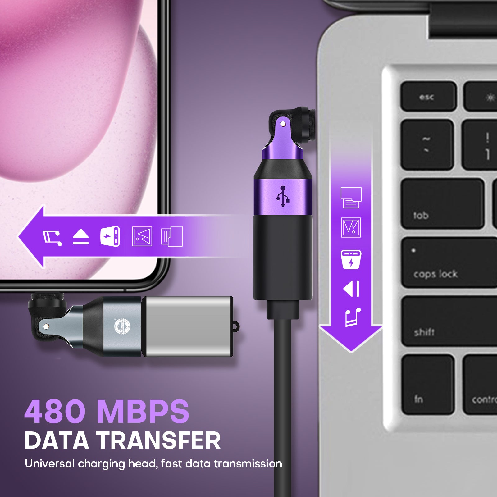 9 Pin USB C Male to USB A Female Magnetic Adapter - 90/180/360 Degree Rotating - OTG 480 Mbps Data transfer