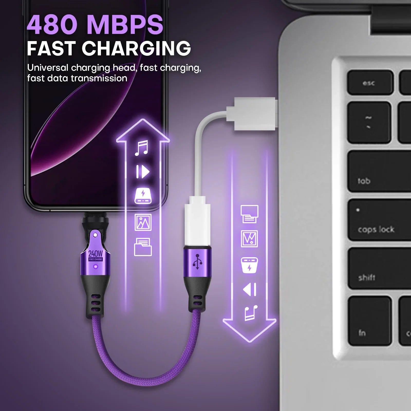 9 Pin USB C Magnetic Adapter 240W - 4 Inch Calbe with 3 x Removable Magnetic Tips - 90/180/360 Degree Rotating 480 Mbps