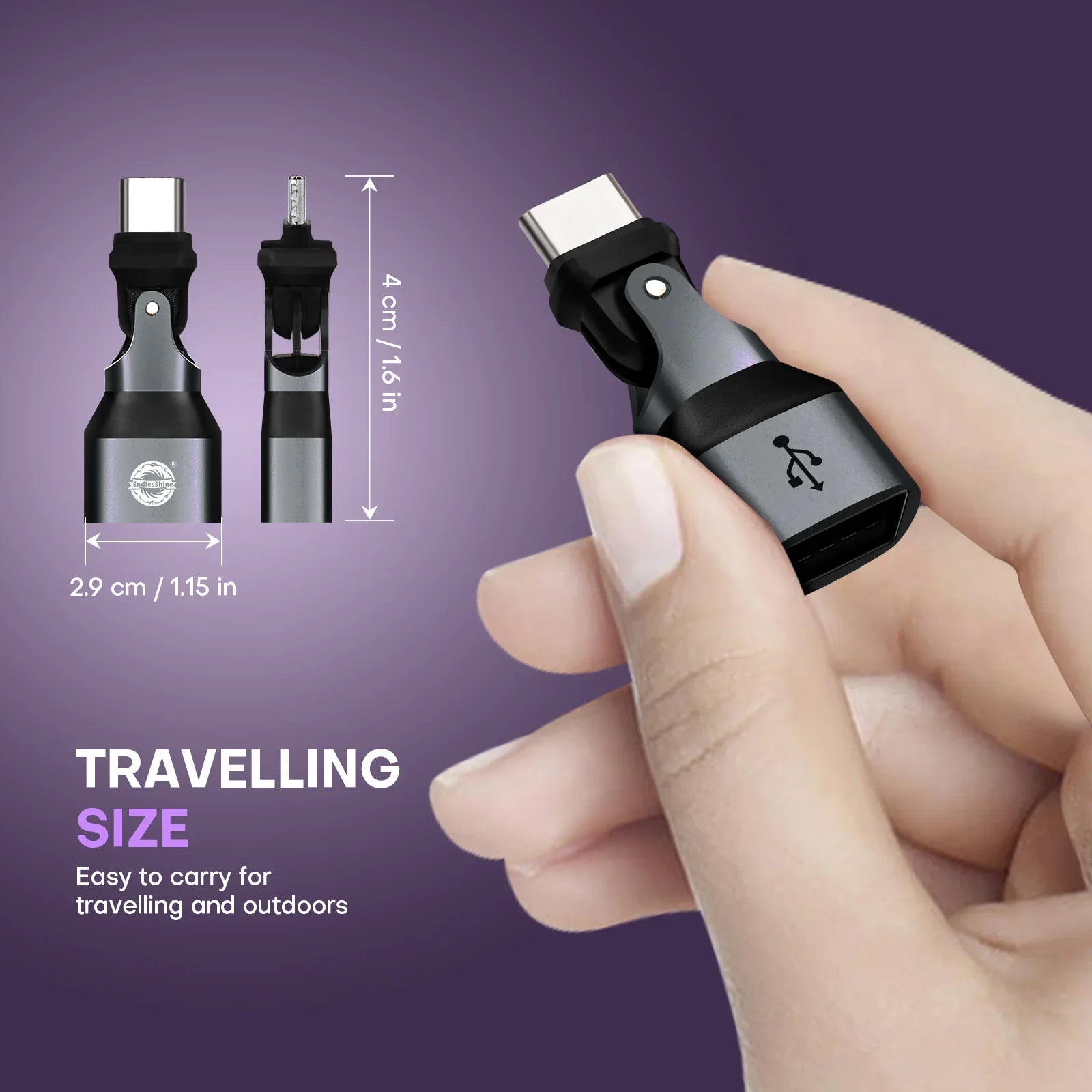 180 Degree Rotation USB C Male to USB A Female Adapter - USB 2.0 480Mbps Phone OTG Adapter