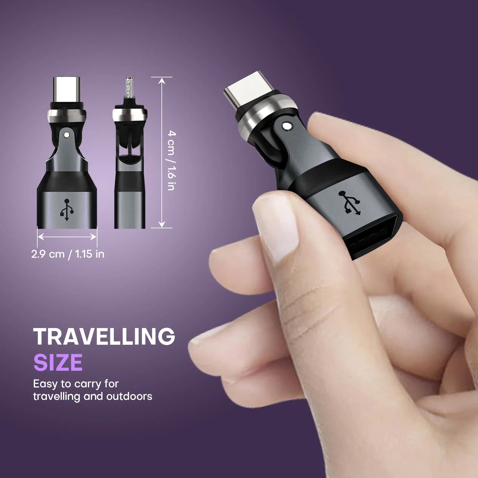 540 Degree Rotation USB C Male to USB A Female Adapter - USB 2.0 480Mbps Phone OTG Adapter