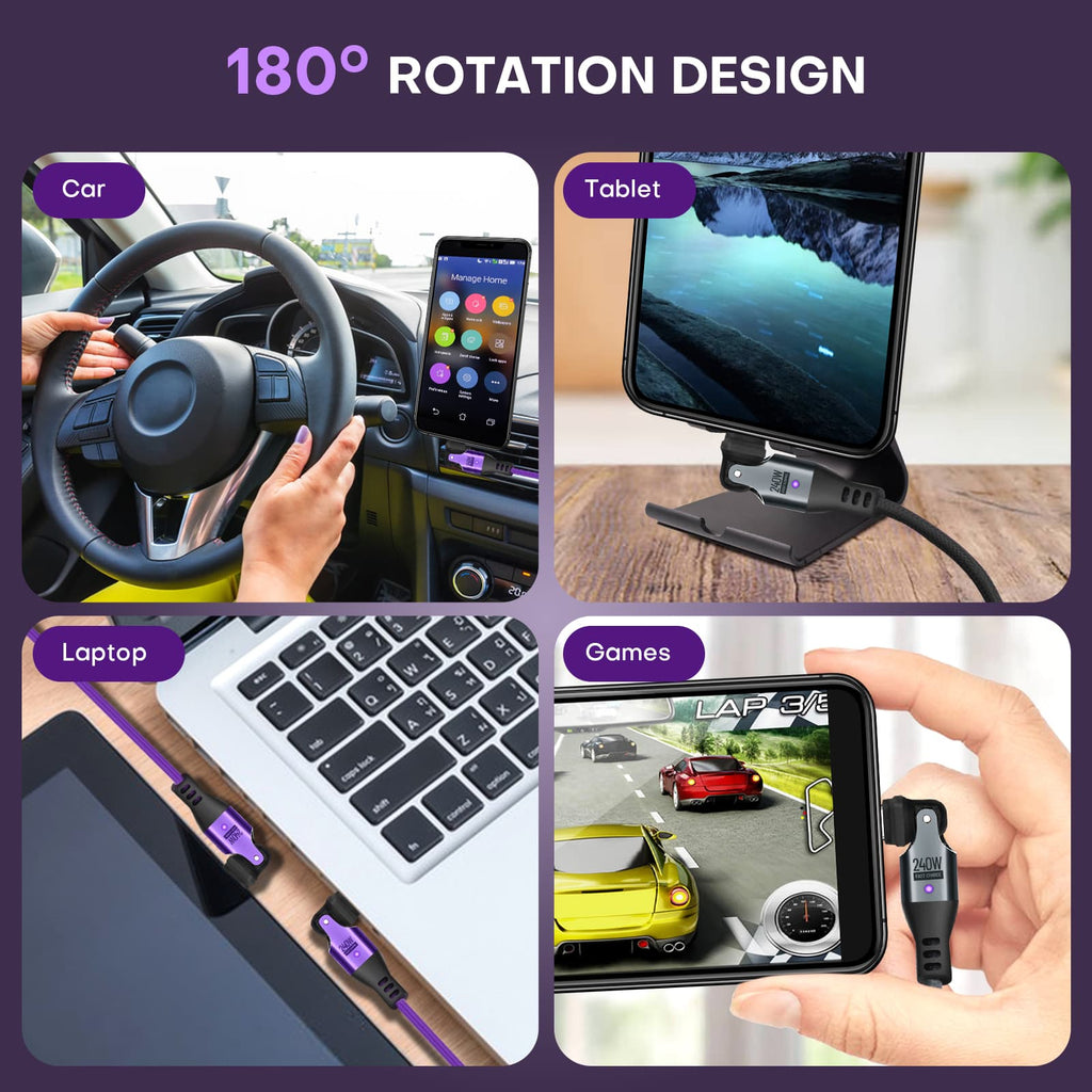 180 Degree Rotation USB C to USB C Cable 240W - USB 2.0 480Mbps Type C Cord