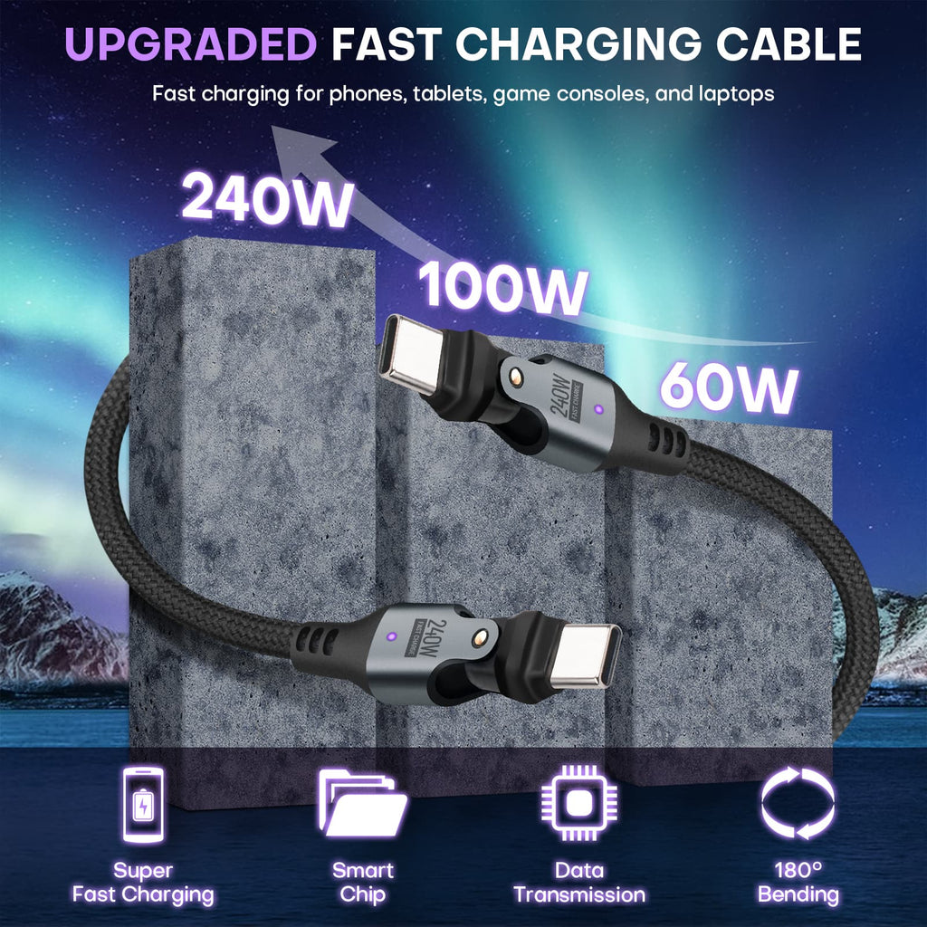 180 Degree Rotation USB C to USB C Cable 240W - USB 2.0 480Mbps Type C Cord