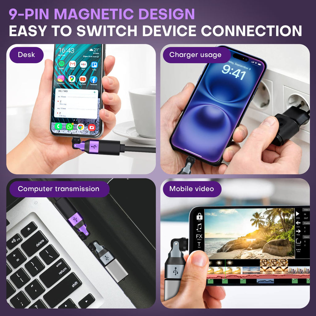 9 Pin USB C Male to USB A Female Magnetic Adapter - 90/180/360 Degree Rotating - OTG 480 Mbps Data transfer