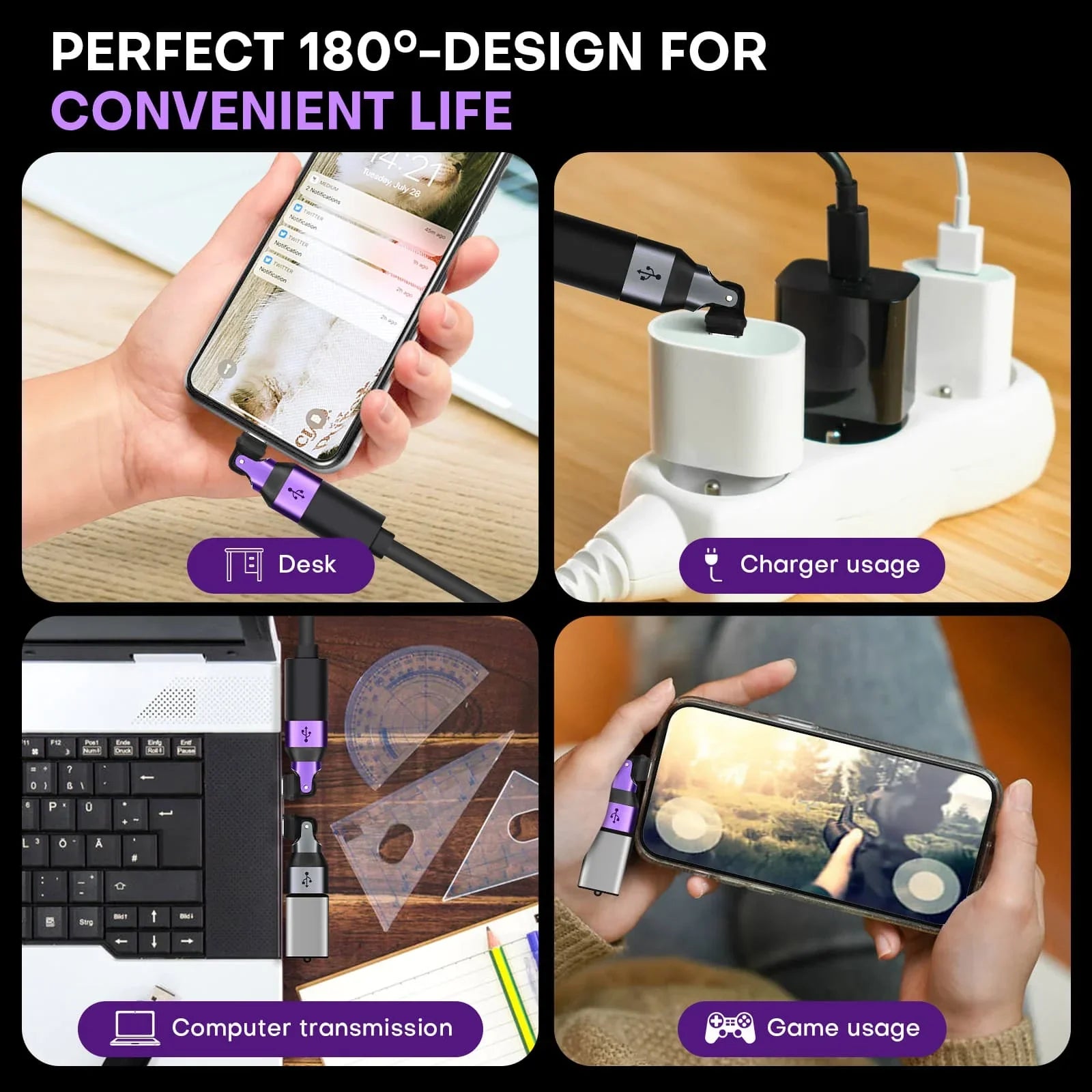 180 Degree Rotation USB C Male to USB A Female Adapter - USB 2.0 480Mbps Phone OTG Adapter