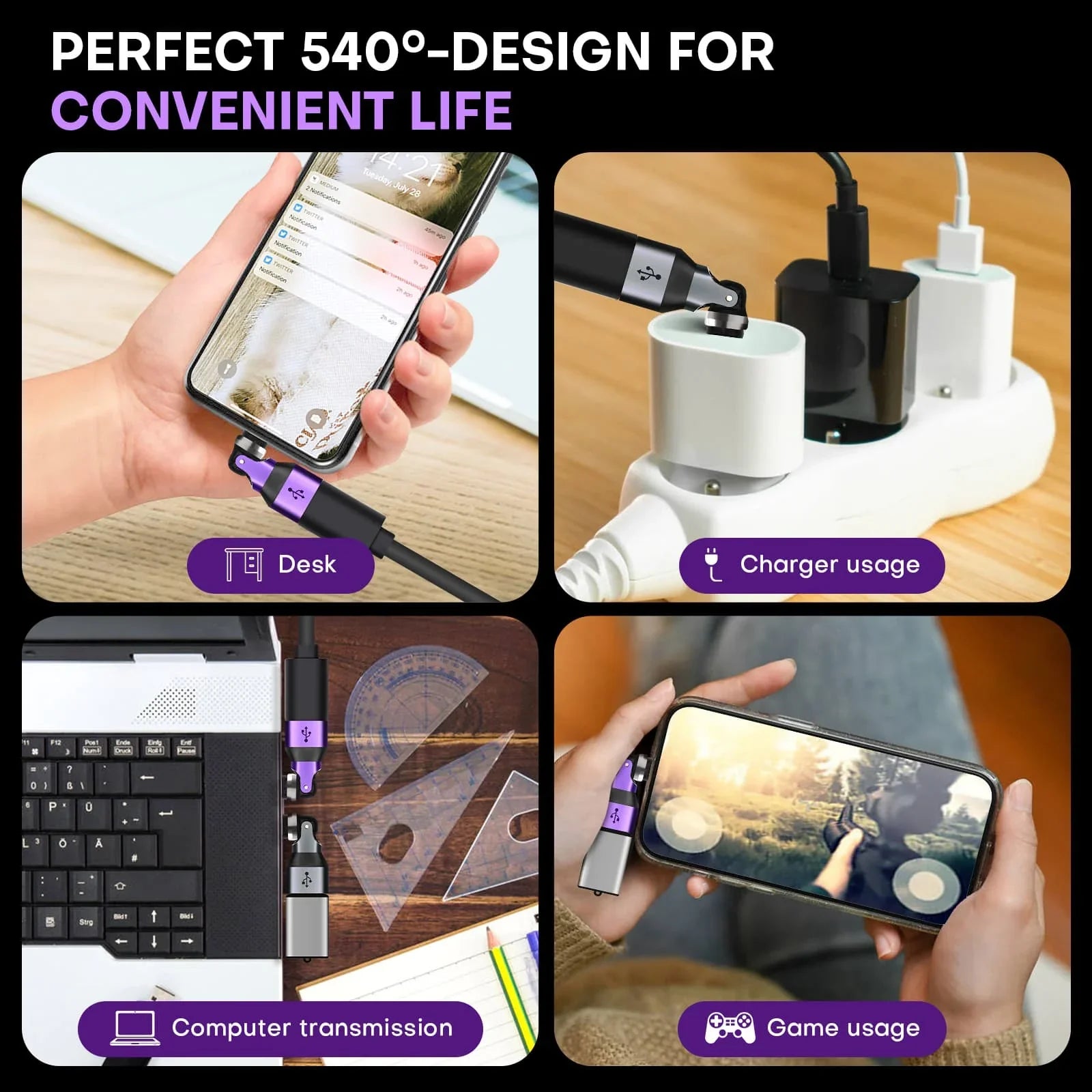 540 Degree Rotation USB C Male to USB A Female Adapter - USB 2.0 480Mbps Phone OTG Adapter