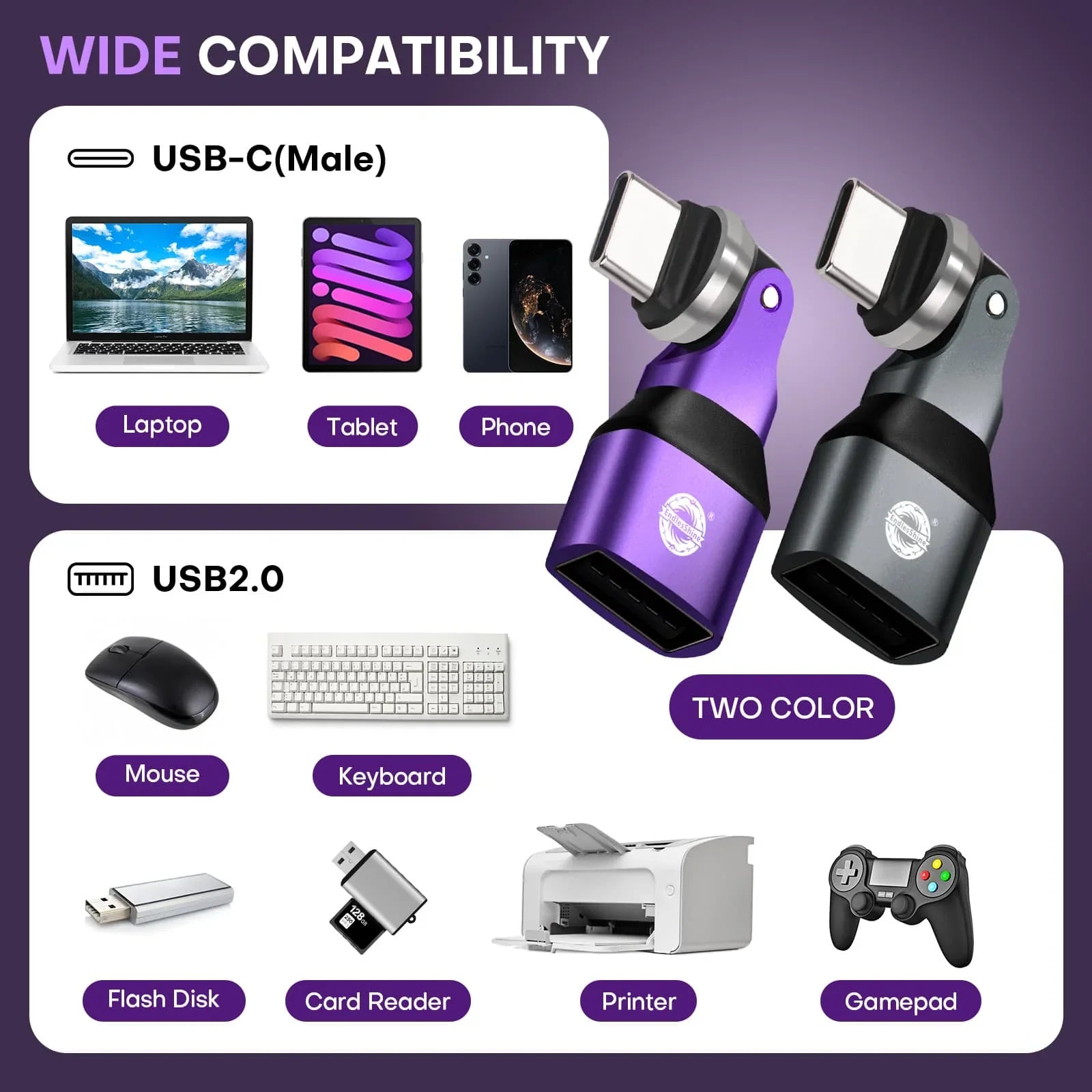 540 Degree Rotation USB C Male to USB A Female Adapter - USB 2.0 480Mbps Phone OTG Adapter
