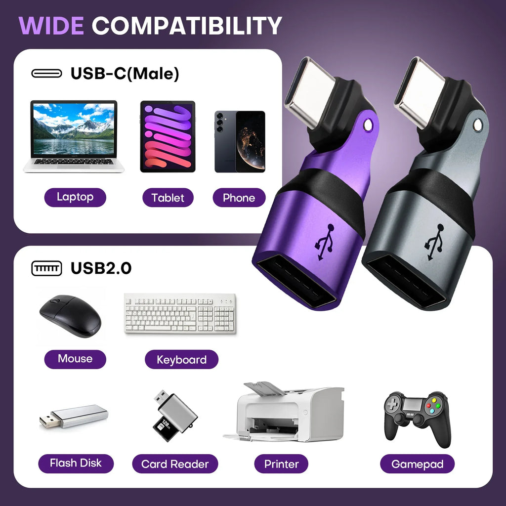 180 Degree Rotation USB C Male to USB A Female Adapter - USB 2.0 480Mbps Phone OTG Adapter