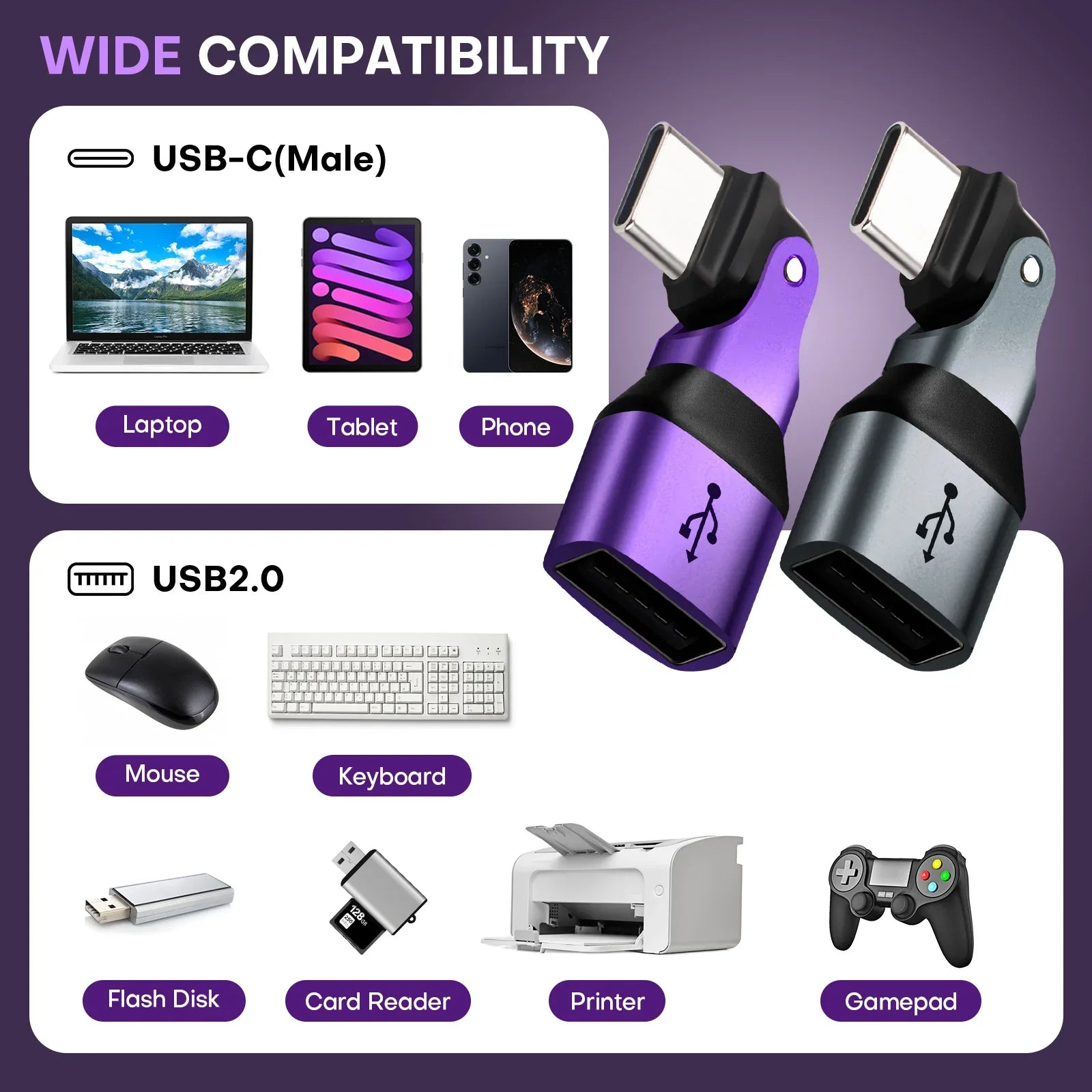 180 Degree Rotation USB C Male to USB A Female Adapter - USB 2.0 480Mbps Phone OTG Adapter