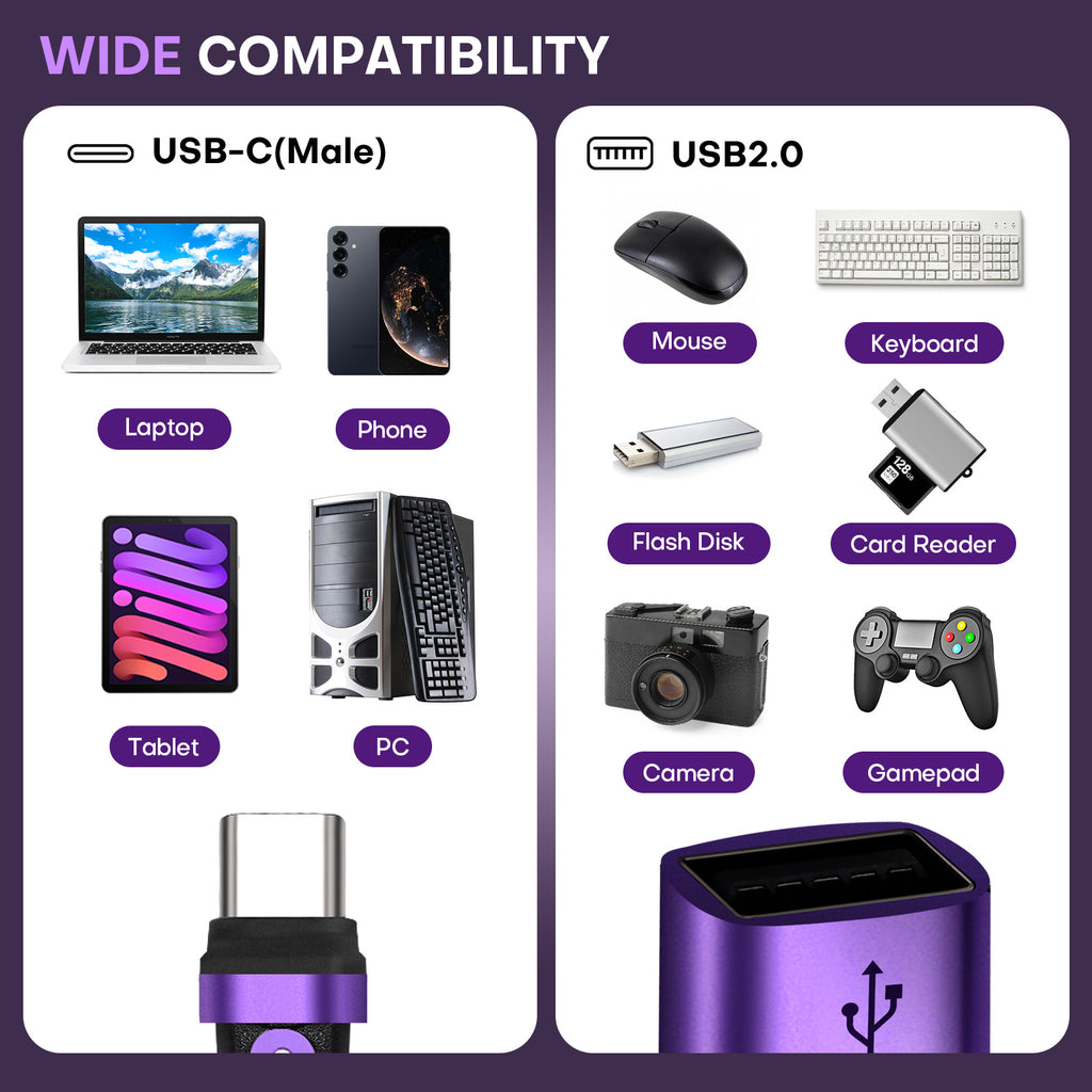 16 Pin USB C to USB A Adapter USB 2.0 - 180 Degree Rotation - 480 Mbps OTG Data transfer