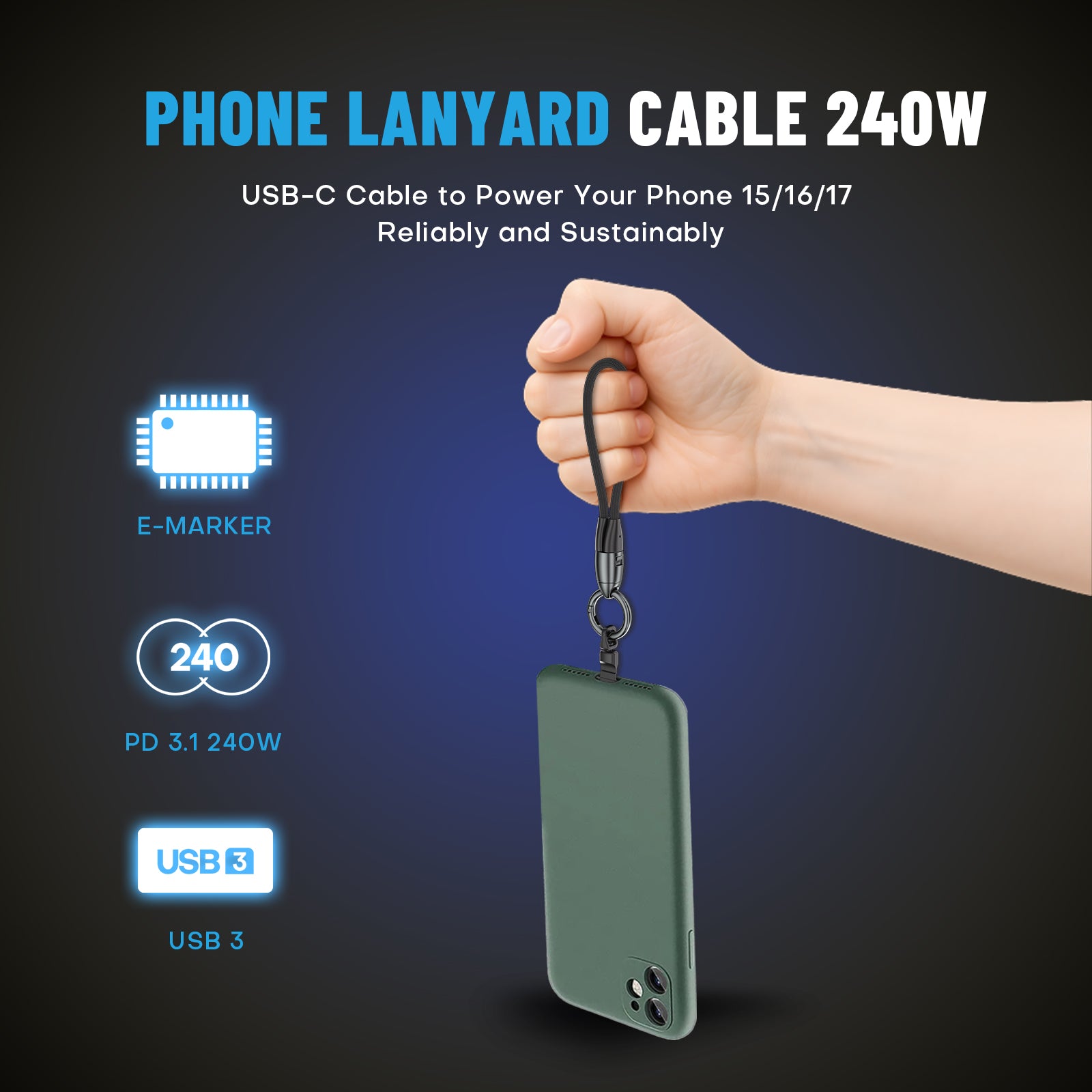 Rugby Keychain USB C Cable - Short Phone Lanyard Charging Cable - PD 240W USB 2.0 480Mbps 6 Inch