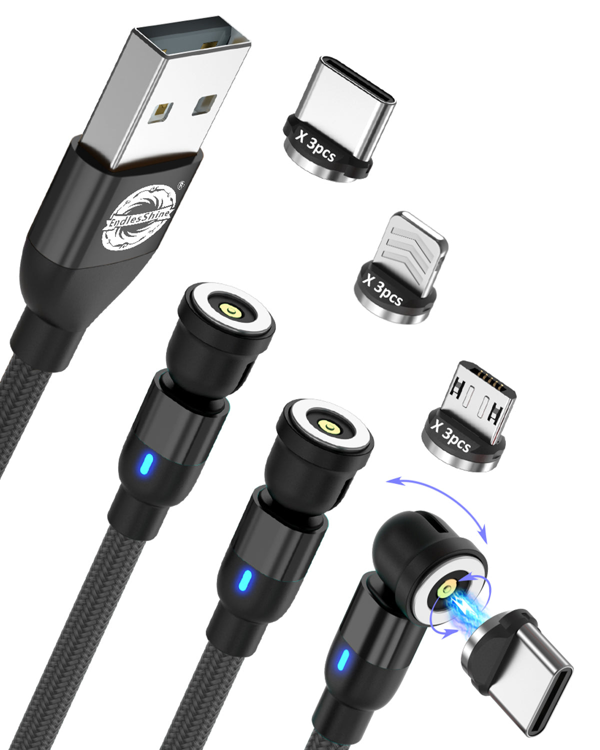 Magnetic Charging Cable 3pack - 540° Rotation Magnetic Phone Charger-USB C Cable,Micro USB,iPhone Device 3 in 1