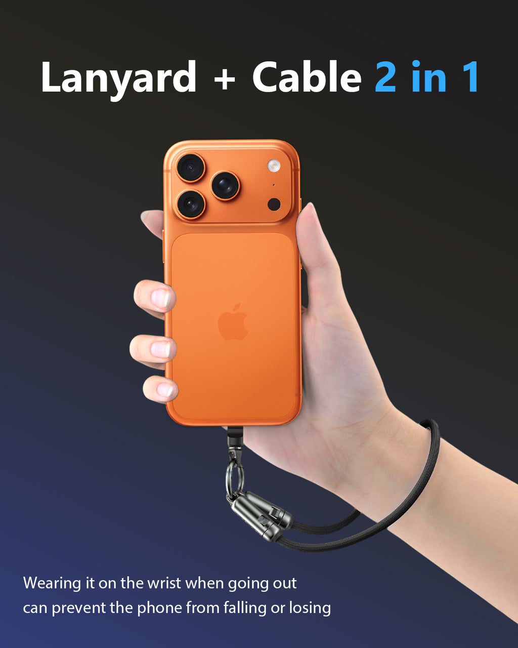 Hand Wrist Strap Lanyard 1FT (30cm) - Built-in 240W USB C Cable 5A Fast Charging - Nylon Braid Anti Theft - A