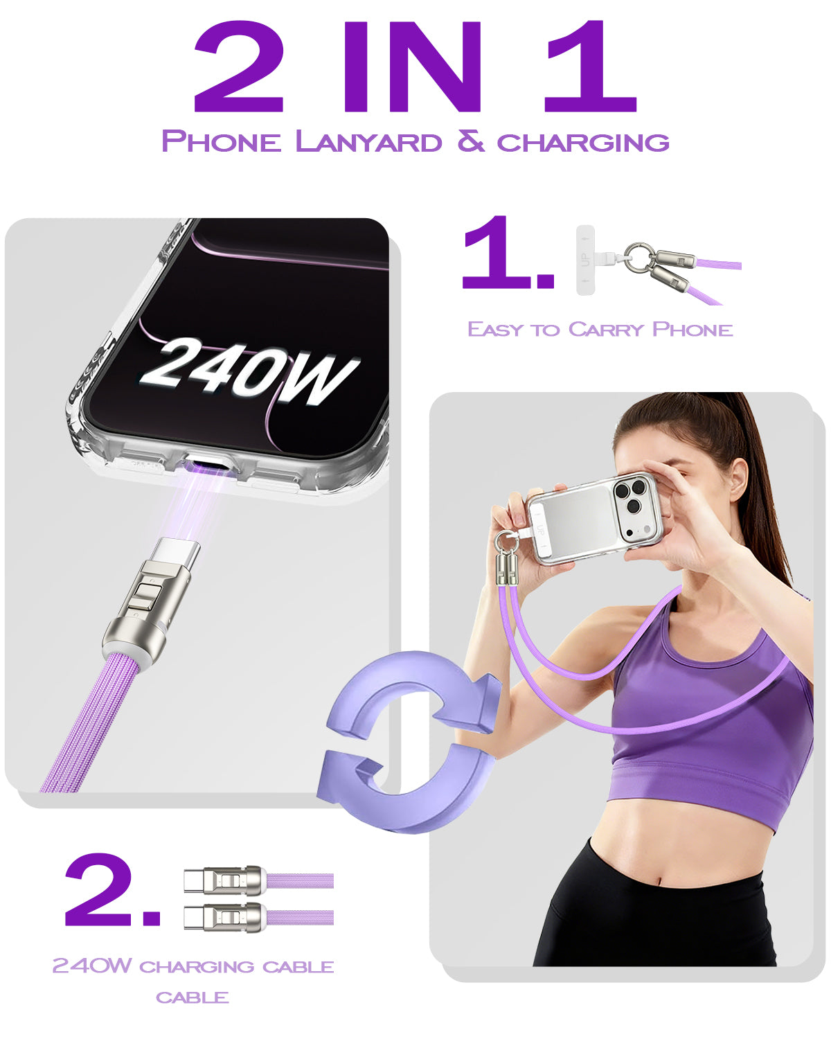 Phone lanyard strap 4 FT (120cm) with Built-in 240W USB-C to USB-C Charging Cable Anti Theft Cell Phone Neck - A