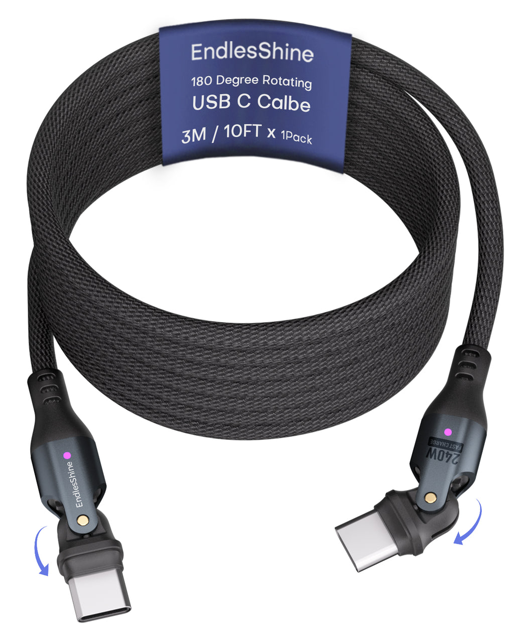 180 Degree Rotation USB C to USB C Cable 240W - USB 2.0 480Mbps Type C Cord