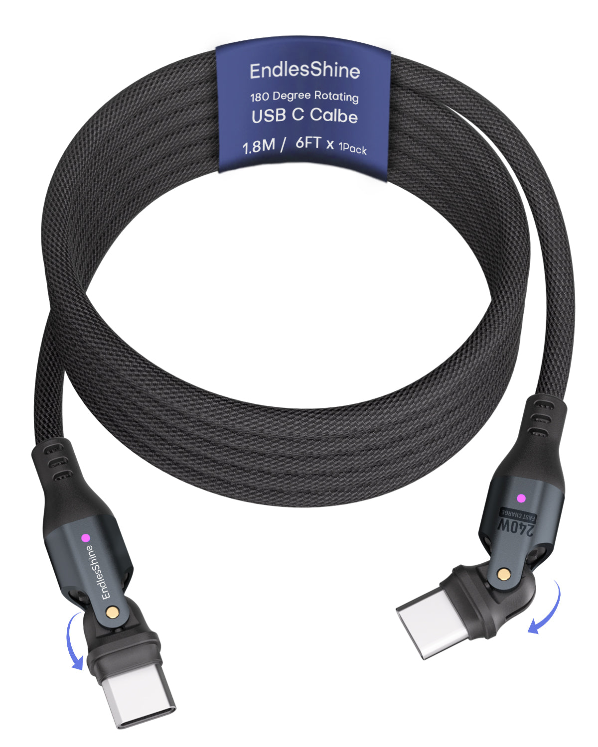 180 Degree Rotation USB C to USB C Cable 240W - USB 2.0 480Mbps Type C Cord