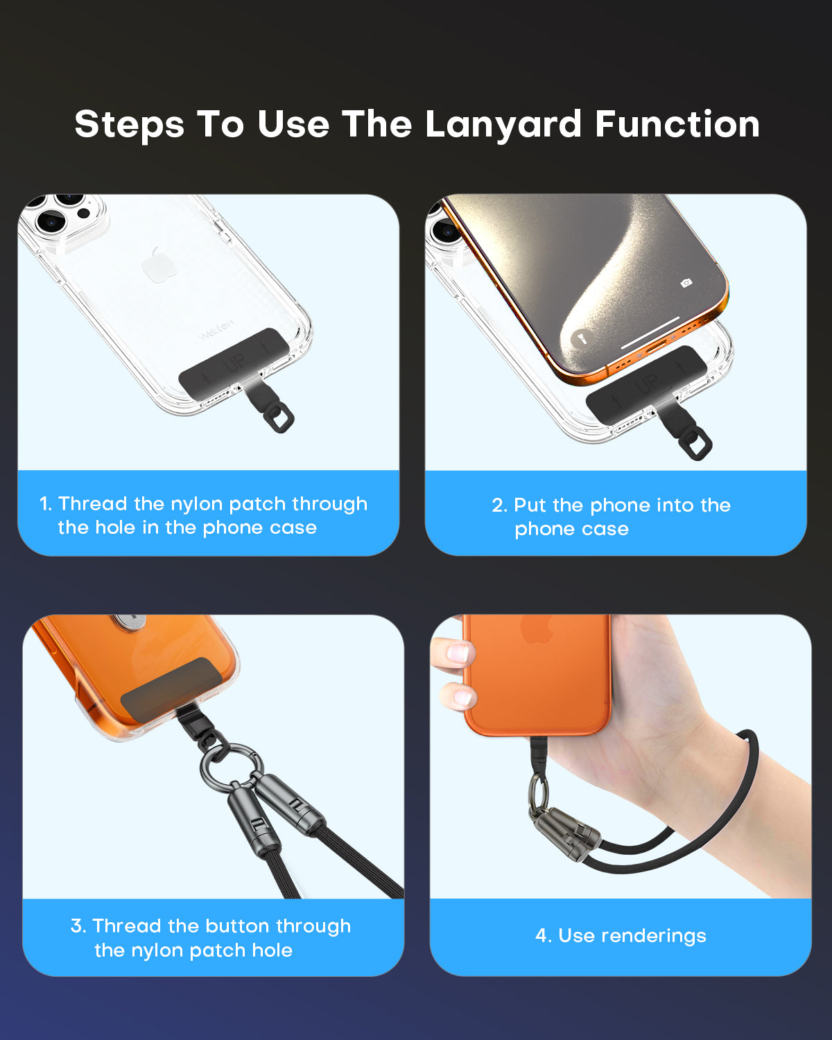 Hand Wrist Strap Lanyard 1FT (30cm) - Built-in 240W USB C Cable 5A Fast Charging - Nylon Braid Anti Theft - A