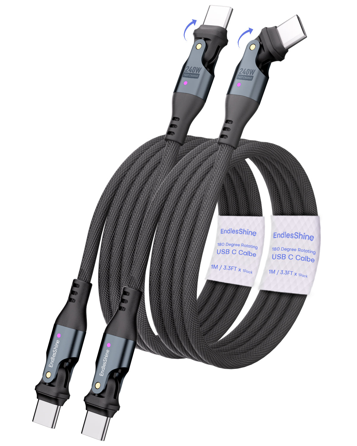 180 Degree Rotation USB C to USB C Cable 240W - USB 2.0 480Mbps Type C Cord