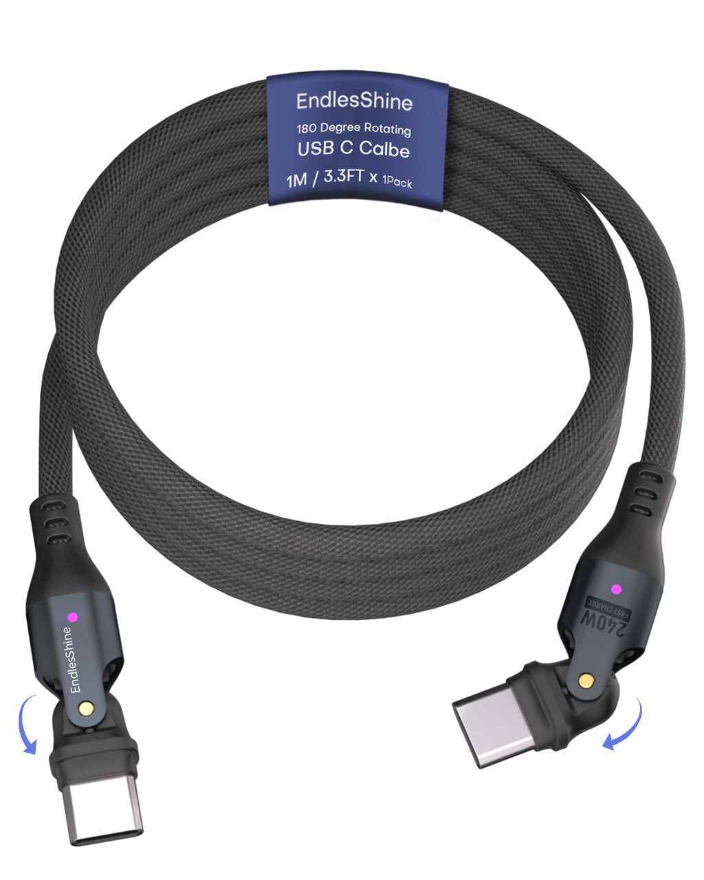 180 Degree Rotation USB C to USB C Cable 240W - USB 2.0 480Mbps Type C Cord