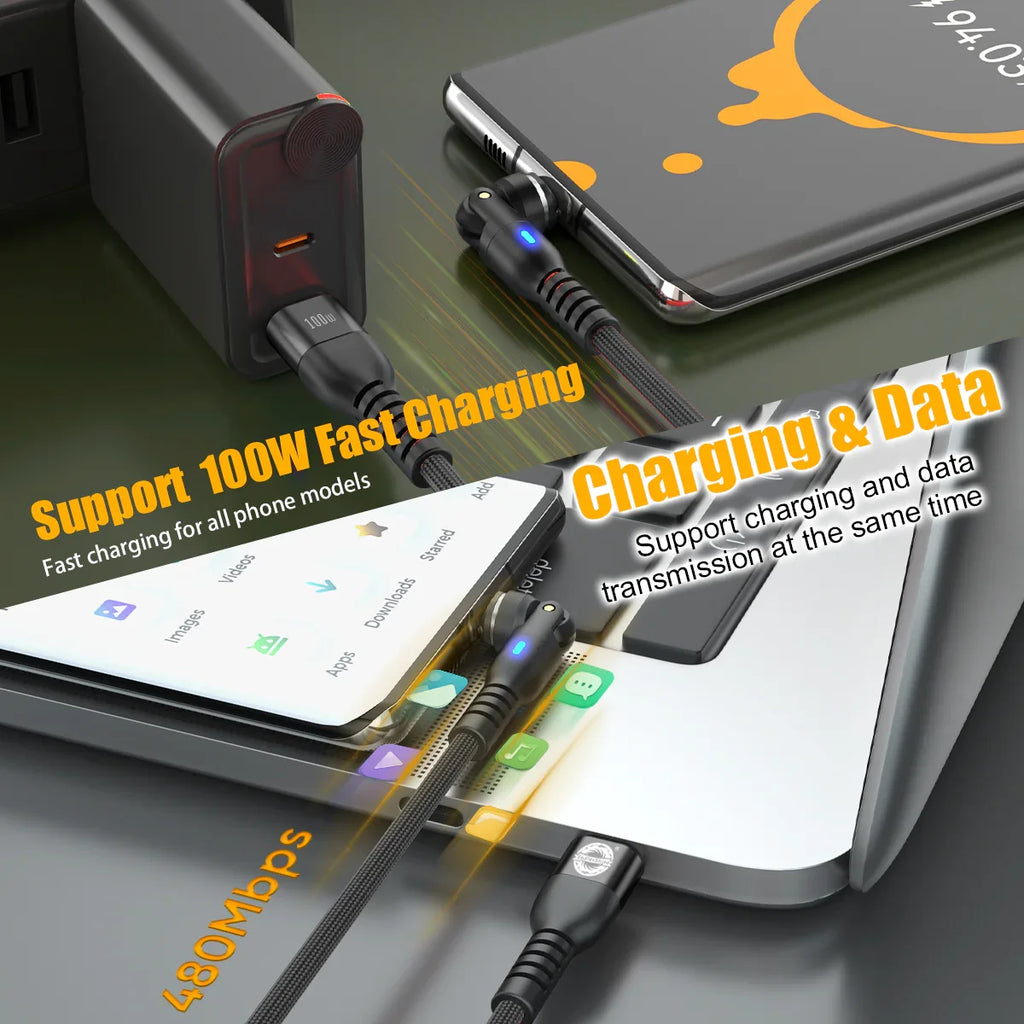 9 Pin Magnetic USB C Charging Cable PD 100W - Magnetic Phone Charger Fast Charging - 90 Degree Right Angle 180